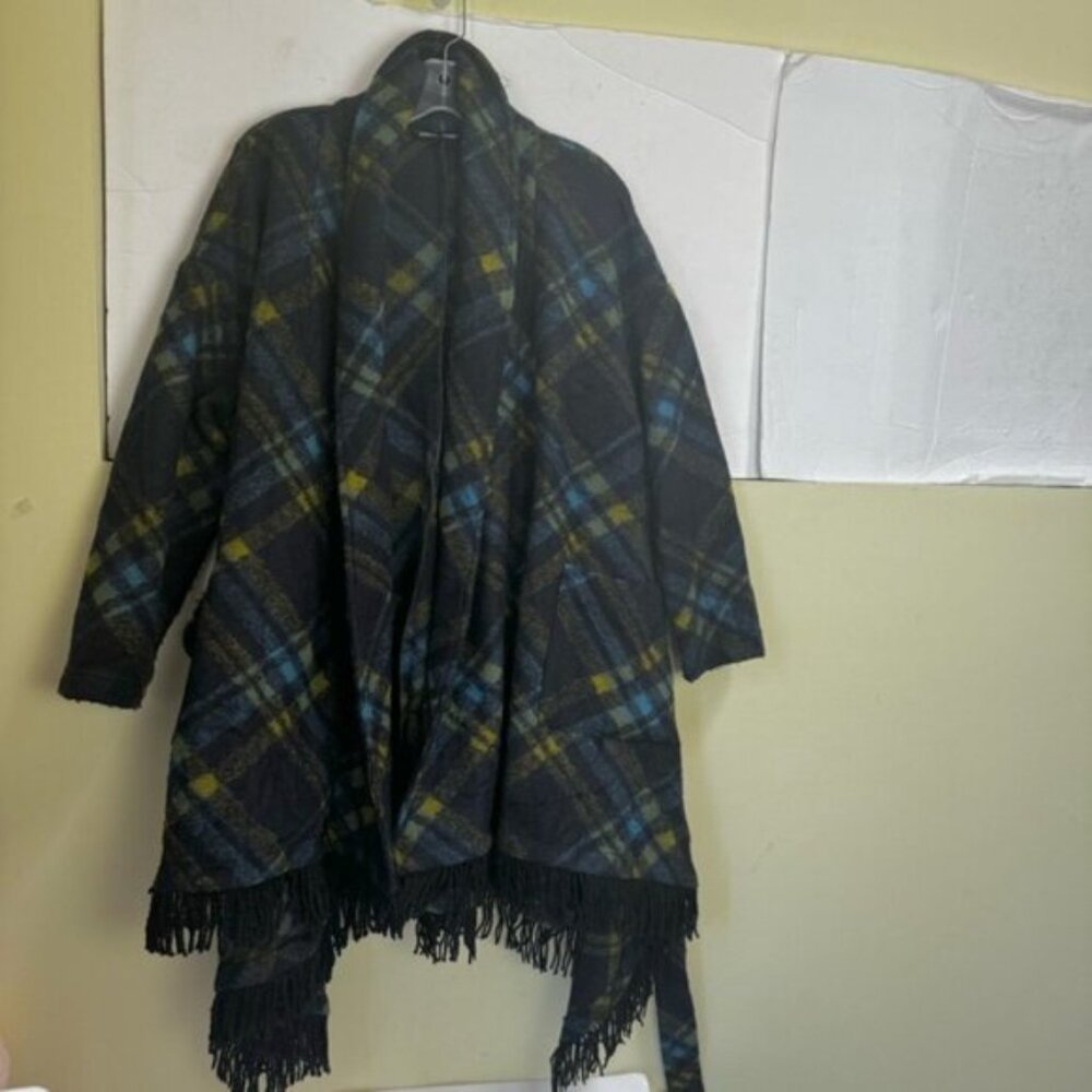 Samuel Dong Wool Check Fringe Wrap Coat Shawl Pockets Tartan Poncho Oversized L - Picture 4 of 16